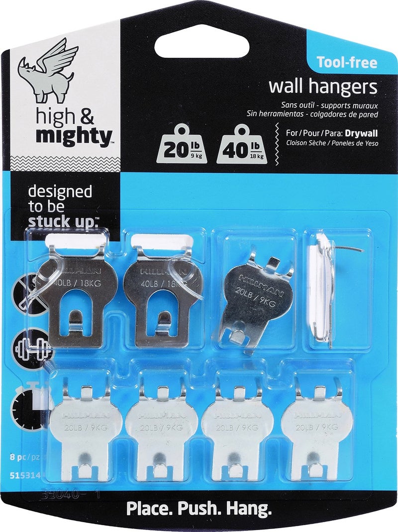 HIGH & MIGHTY 515314 Picture Hanger Value Pack, Easy Tool-Free Dry Wall Art Hangers for Artwork, Photos, and Mirrors, Holds up to 20Lbs-40Lbs, 8 Pack, Steel, Silver - Image 4